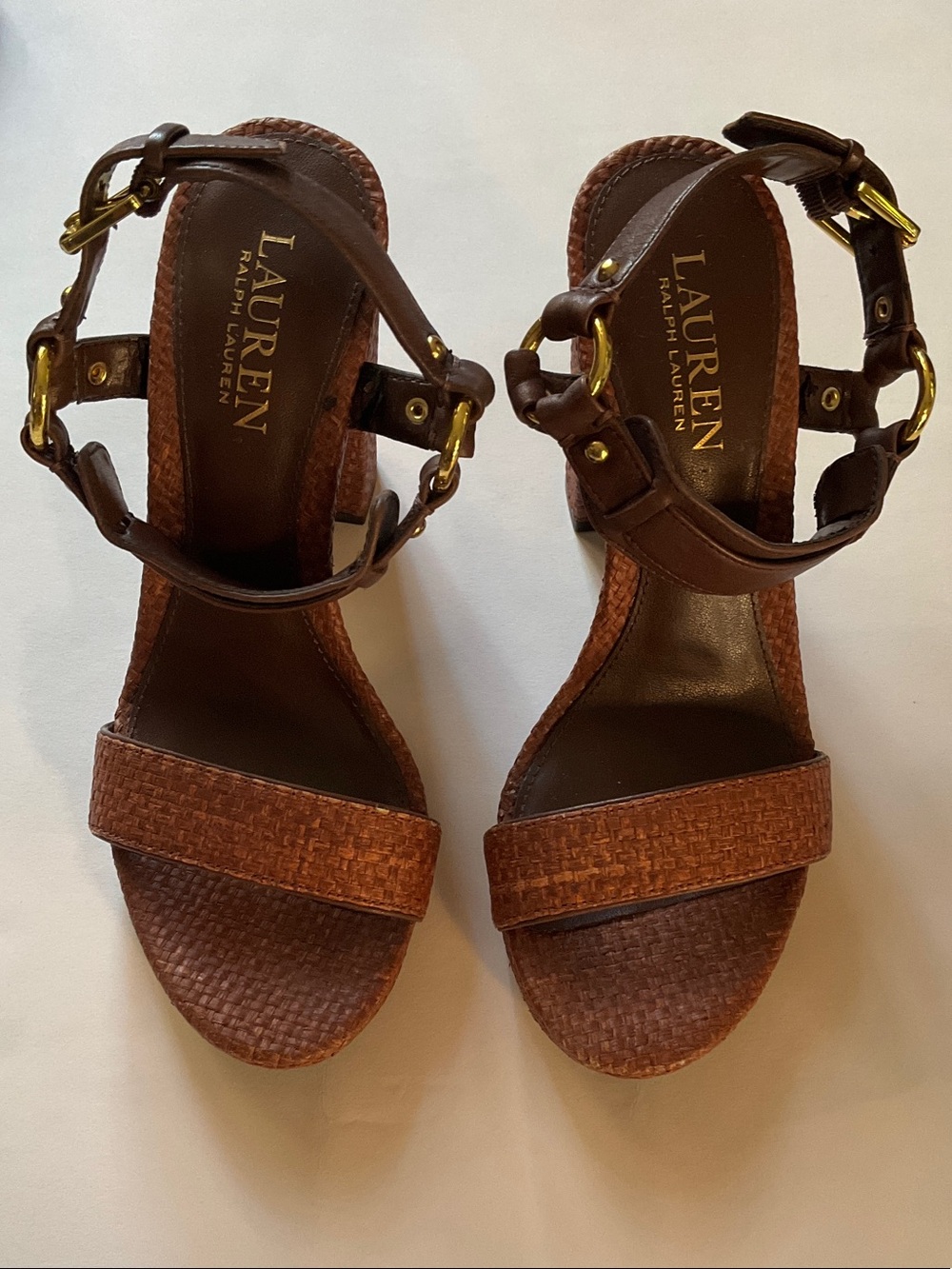 Lauren Ralph Lauren Brown Leather Woven Strap Sandals